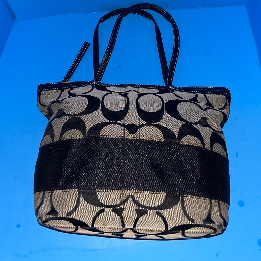 Coach Black Signature Jacquard Stripe Patent Leather Tote Handbag Purse